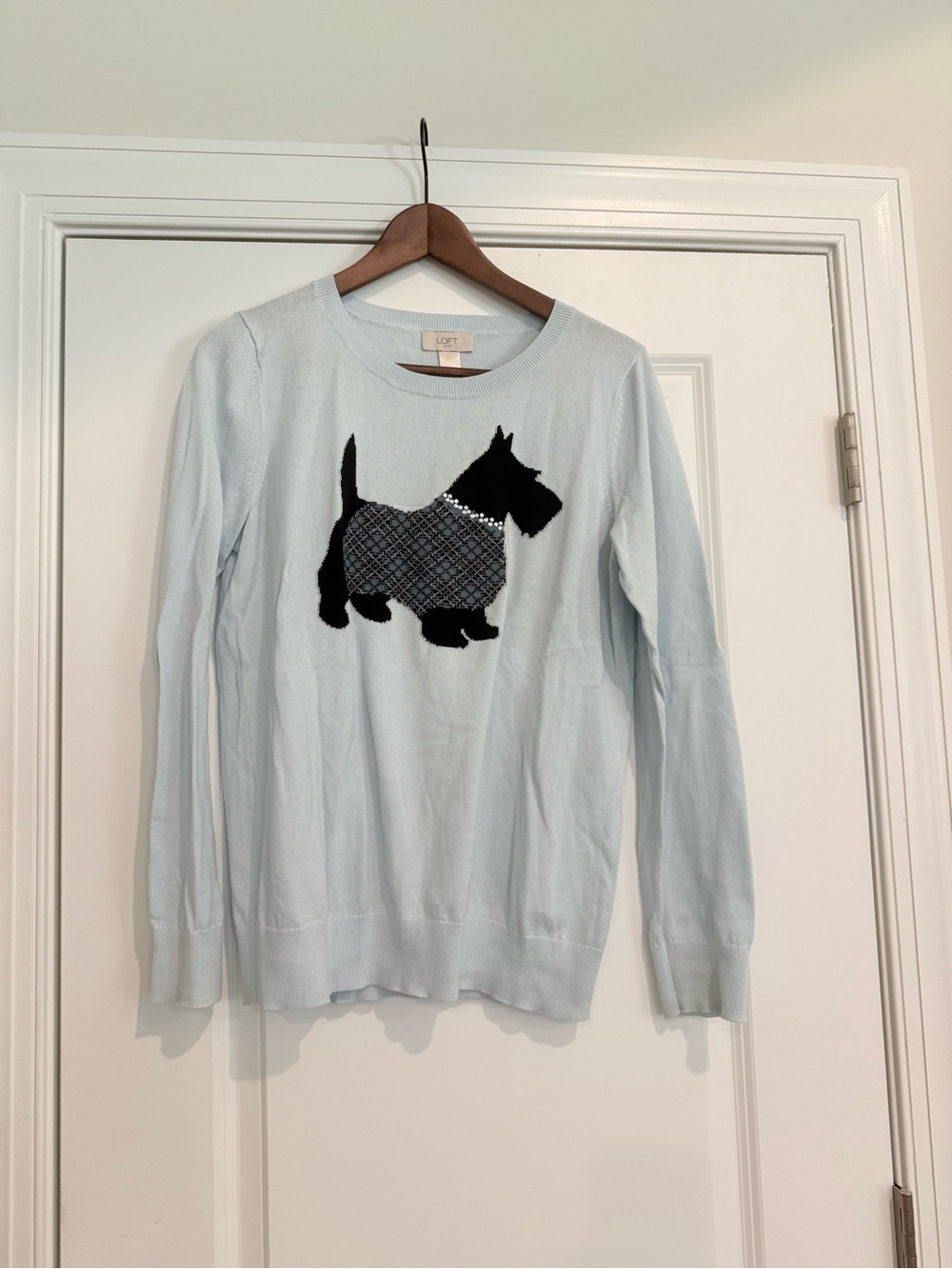 LOFT Pale Blue Sweater with Black Scottie Dog Motif